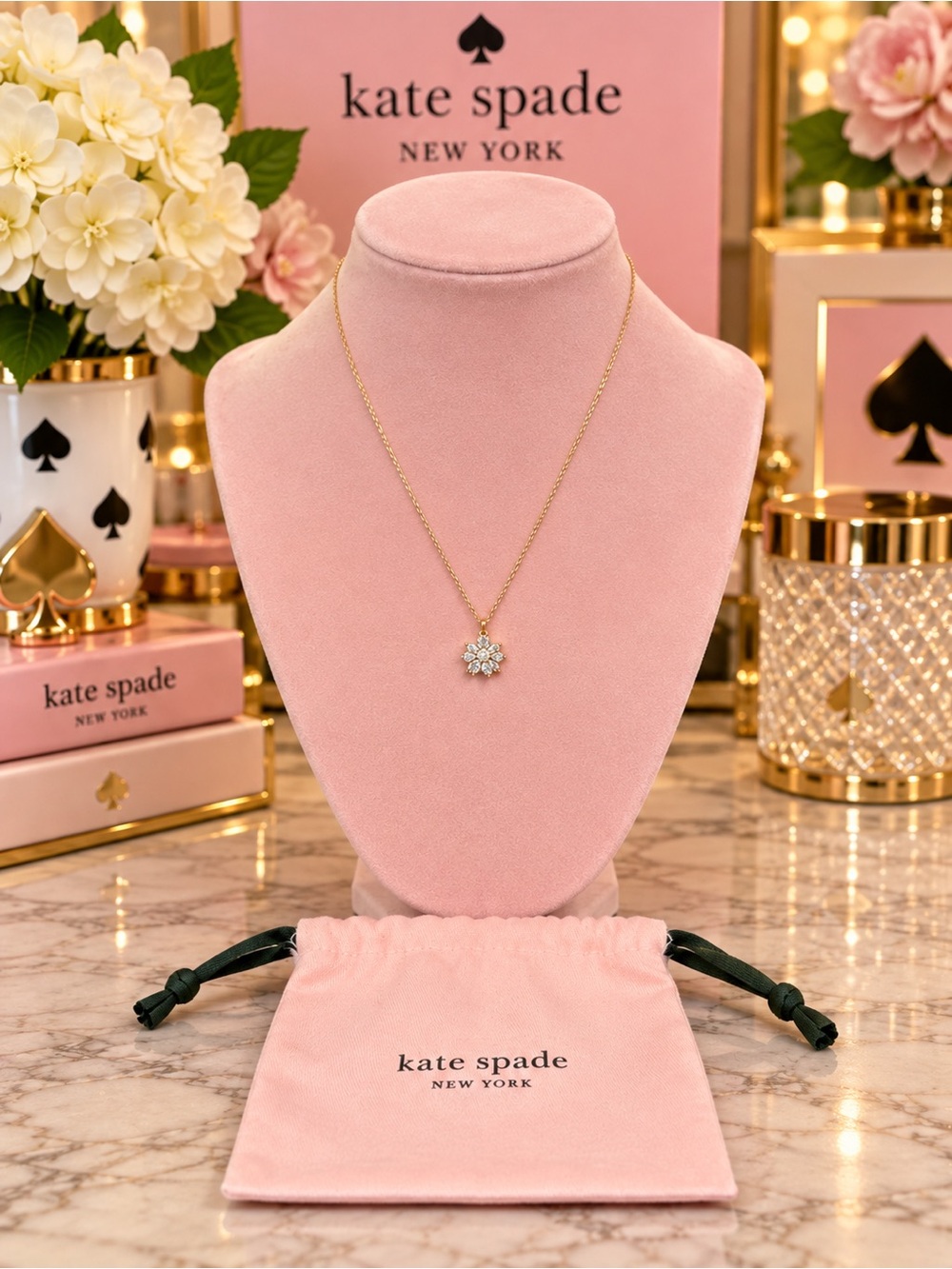 Kate Spade Gleaming Gardenia Flower Mini Pendant Necklace W/ Dust Bag NWT